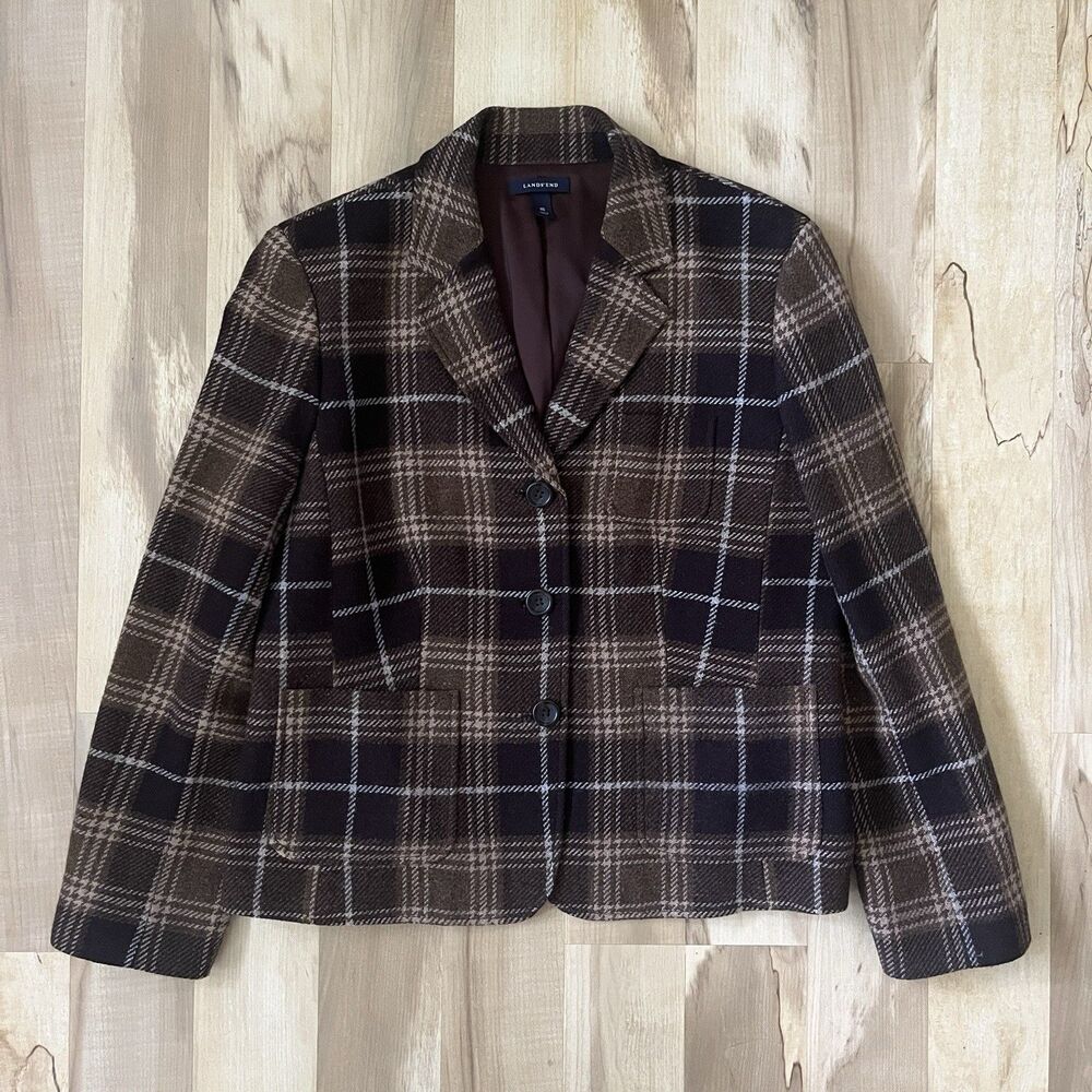 Lands' End Blazer Jacket Women's Size 16 Wool Mohair Blend Brown Plaid Classic